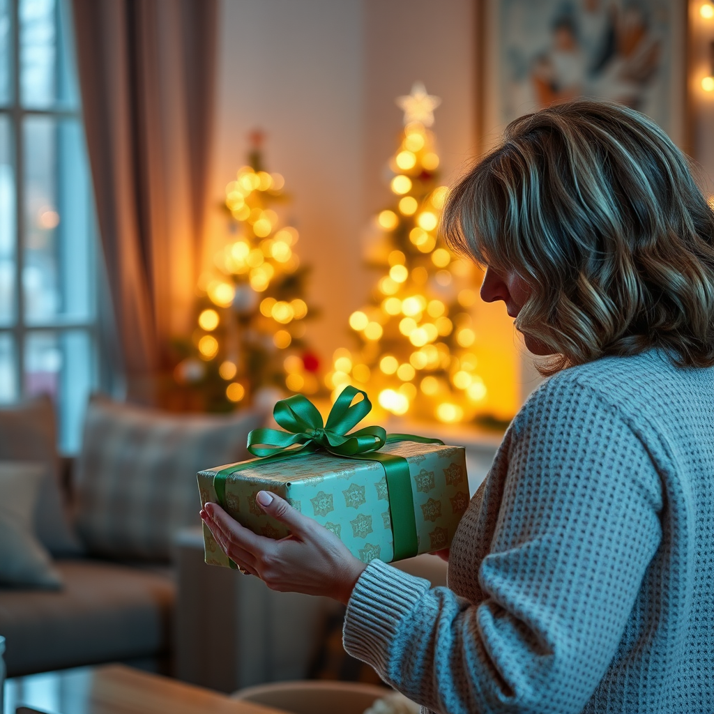 Envision a serene moment featuring a warmly lit room with Chrissie elegantly wrapping a beautifully designed gift. The scene should include a cozy environment with sparkling holiday decorations in the background. Soft shadows and warm lighting will enhance the inviting atmosphere. Details such as patterned wrapping paper, bows, and handmade gift tags should be highlighted, reflecting the personal touch of Chrissie's services. The image should be high-quality and in 4K resolution for a lifelike feel.