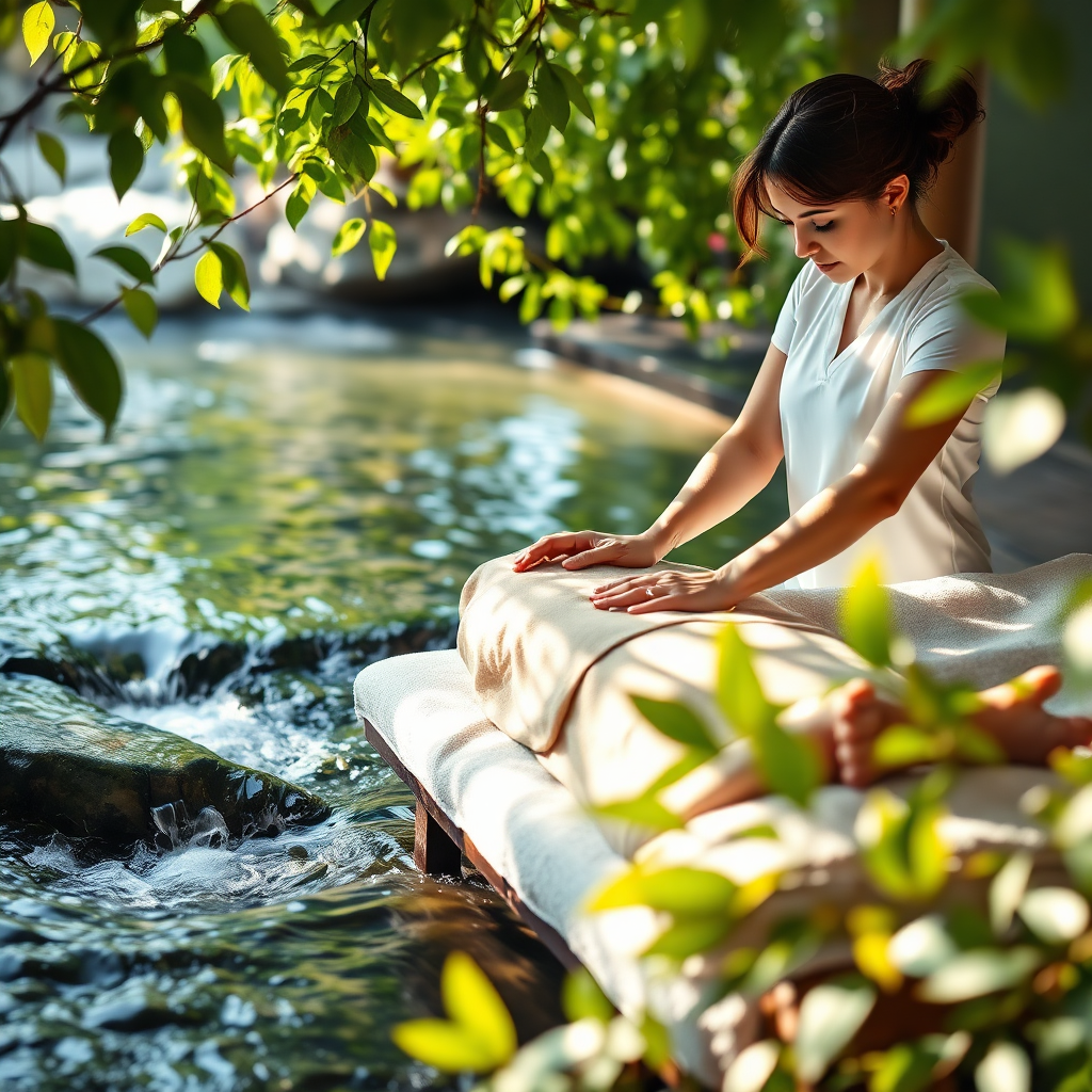 Envision a serene moment where a skilled masseuse provides treatment. Capture the calming environment enhanced by flowing water and rustling leaves surrounding the massage area. Use soft focus on the therapy process, while vibrant colors reflect nature's calming aspects, such as greens and blues. The image should focus on the connection between the therapist and client, framed beautifully within an organic setting, fostering wellness. A photorealistic image should invite viewers into the therapeutic world.