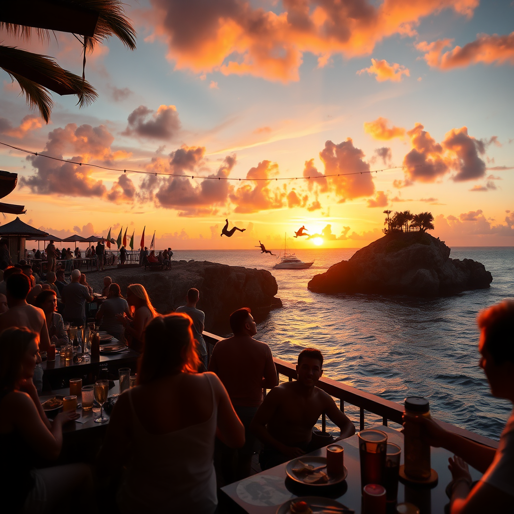 Envision an energetic sunset scene at Rick's Cafe, featuring a lively crowd enjoying drinks and food while watching divers leap from cliffs into the Caribbean Sea. The warm colors of the sunset should dramatically contrast the lively atmosphere and silhouettes of people. Capture the excitement of evening entertainment while emphasizing the stunning location with photorealistic details in high resolution.