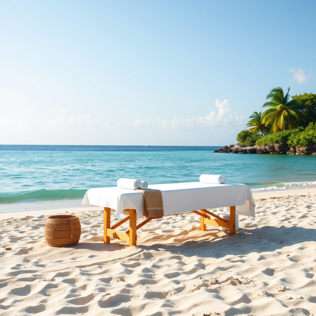 Generate an appealing visual featuring a relaxing beach setting, with clients receiving massages on lounge chairs under umbrellas. Bright ocean waves in the background create a peaceful atmosphere, while plants frame the area elegantly. Include details like oils and towels to enhance the scene. The image should depict happiness and tranquility. A photorealistic image that captures summer vibes on the beach is ideal.