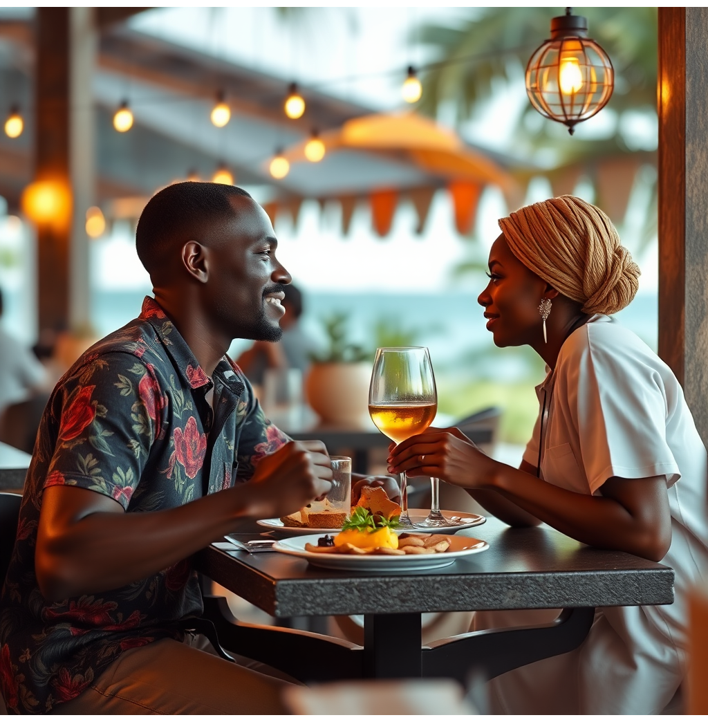 Illustrate a dynamic scene featuring a local Jamaican restaurant filled with happy diners enjoying traditional dishes. The image should depict colorful plates of jerk chicken, curry goat, and rice and peas, with vibrant tropical decor in the background. Include smiling waitstaff serving meals to create a welcoming atmosphere. The lighting should be warm and inviting, enhancing the culinary experience, rendered with photorealistic quality that captures the essence of Jamaican dining.