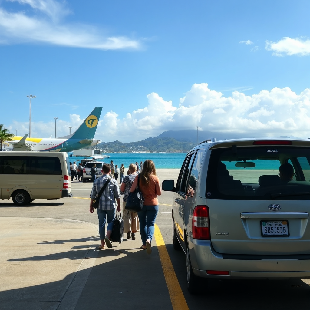 Visualize a welcoming scene at Montego Bay Airport, where President Clive is warmly greeting a family arriving with luggage. The setting should be bright and cheerful, with friendly airport staff in the background. Include details like the airport architecture and lush Jamaican landscapes visible through the large glass windows. The overall mood should be inviting, reflecting the beginning of a joyful adventure in Jamaica.