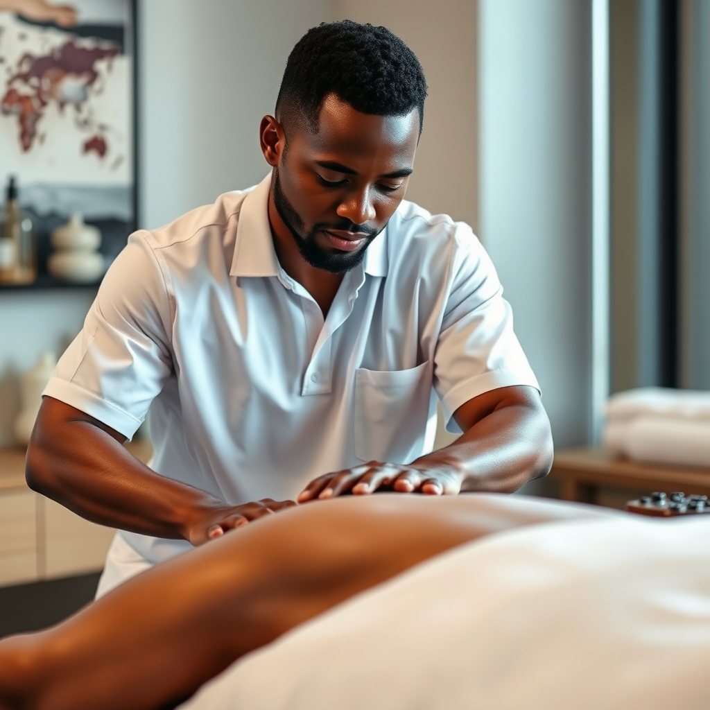 Visualize a relaxing beachside essence where the soothing sound of waves complements the massage experience. Focus on a masseuse's skillful hands at work, adorned with vibrant jewelry or natural elements to enhance the visual intrigue. The environment should be depicted as serene, with natural light filtering through trees. Emphasize textures of both skin and surrounding fabric to create an inviting, earthy feel. This hyperrealistic image should radiate peace and indulgence in a beachfront setting.