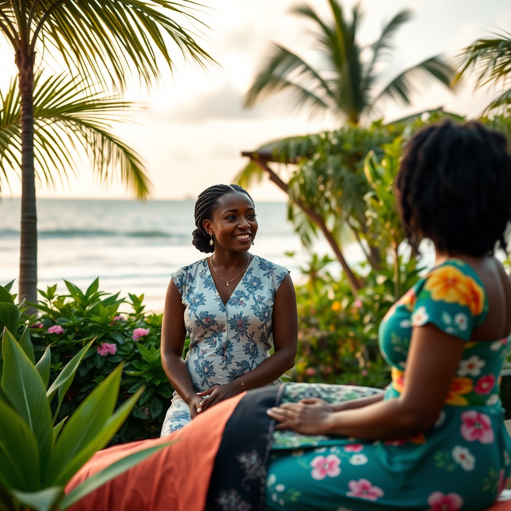 A lively, photorealistic image of a diverse group of guests enjoying different services provided by Cher. The setting includes areas for both massage and hair braiding, with colorful decorations and comfortable furniture creating a warm and inviting environment. The scene is filled with light and laughter, reinforcing a sense of community. Style reference: lively gathering. Technical specs: 4K resolution.