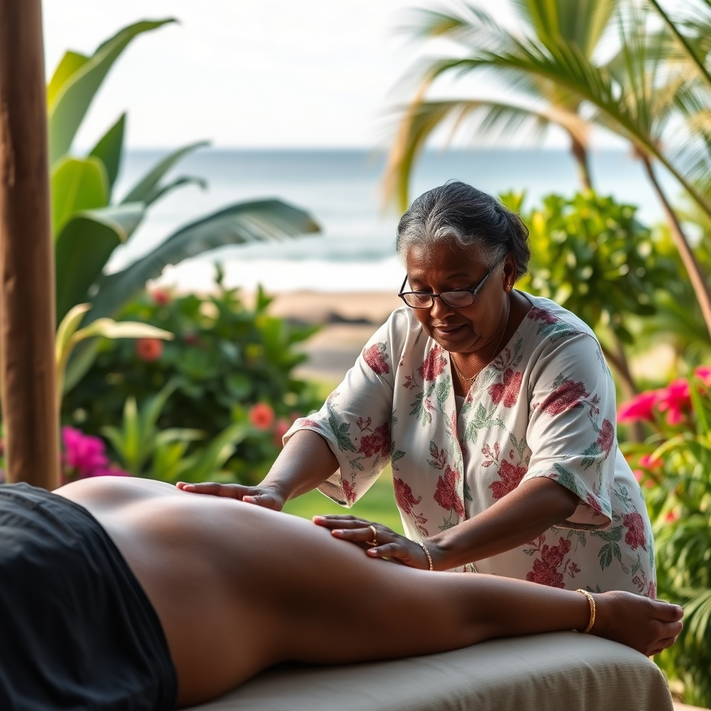 A calming, photorealistic image of a guest enjoying a massage session under a swaying palm tree. The focus is on the peaceful expressions and relaxed body language of the guest, while the surrounding tropical landscape adds to the tranquil vibe. Soft, diffused lighting highlights the gentle movement of the therapist's hands. The texture of the sand and the sea in the background create a serene atmosphere. Style reference: beach serenity. Technical specs: 4K resolution.