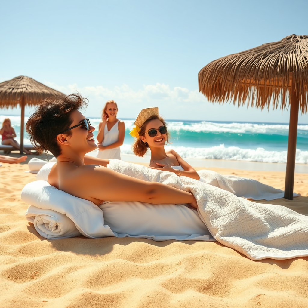Illustrate a picturesque beach scene where clients are immersed in relaxation, with attendants providing massages. The golden sand, clear sea, and gentle waves in the background should create a laid-back atmosphere. Focus on textures, such as the soft towels and patterns in the sand, all under bright, inviting sunshine. Highlight joyful expressions of guests as they unwind, inviting viewers to imagine their serene escape. This photorealistic image should showcase deep tranquility and the beach vibes.