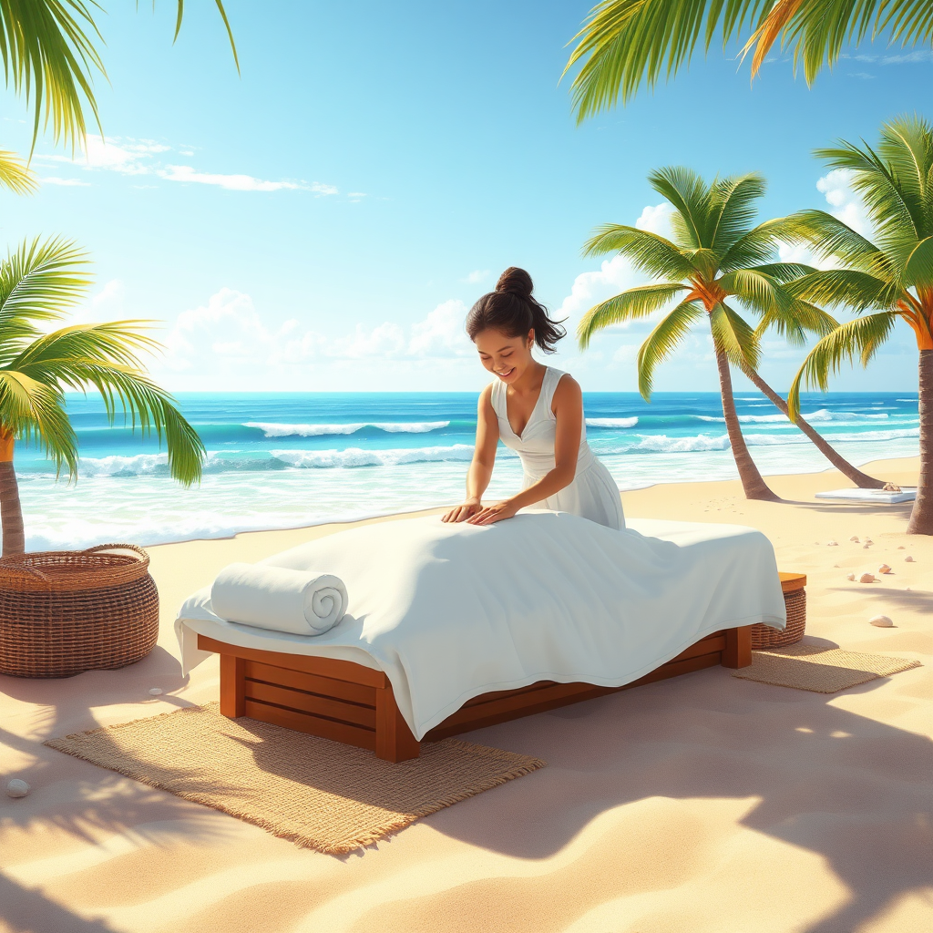 Illustrate a tranquil scene with a person blissfully enjoying a massage by a skilled therapist, with the ocean waves softly lapping at the shore. The bright sunlight enhances the tranquil mood, with hints of ocean blue and sandy colors dominating the palette. Include surrounding palm trees gently swaying in the wind, and details like seashells or beach mats scattered about, emphasizing a carefree escape. The image should be hyperrealistic, drawing viewers to the refreshing vibe of relaxation by the beach.