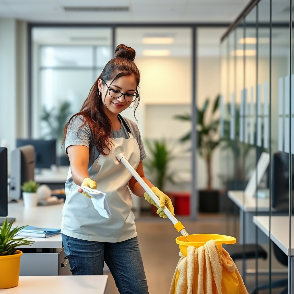 A professional image depicting Leticia organizing an office desk, with neat stationery and technology neatly arranged. Bright office lighting should showcase cleanliness. The backdrop features a well-maintained office with plants and artwork. The camera angle should focus on both the desk and Leticia's diligent work, emphasizing her dedication. The style is detailed and crisp, projecting professionalism.
