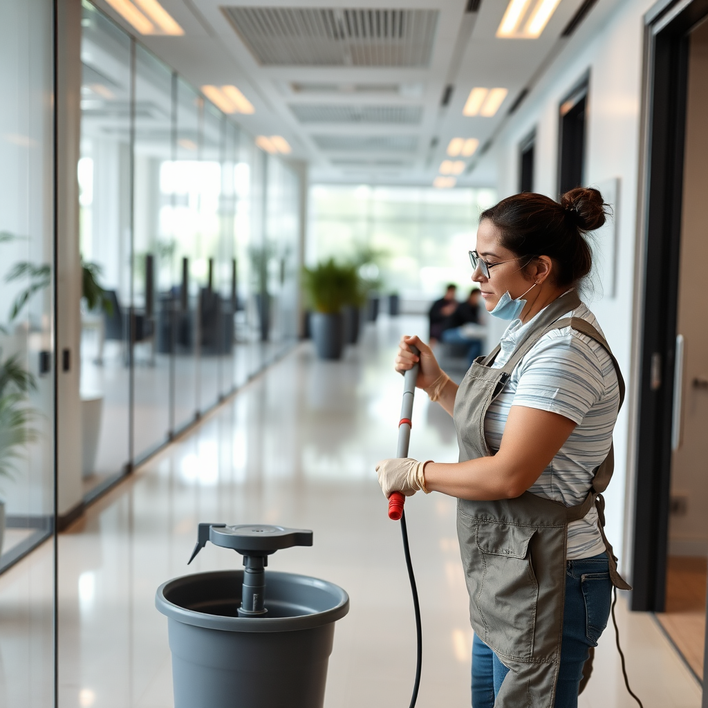 A reassuring image of Leticia reviewing her cleaning checklist before starting her work in a beautifully organized office. The composition highlights her professionalism alongside modern office decor. Bright, even lighting balances the clean white walls and colorful artwork. The camera angle captures her focused expression, emphasizing her commitment. The visual should evoke trustworthiness and care, rendered in high-quality detail.