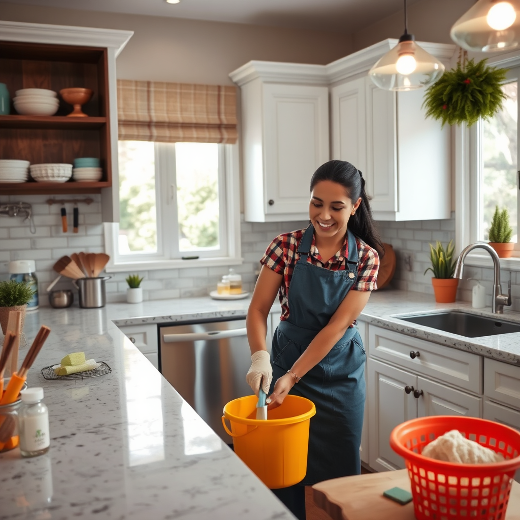 An image depicting a happy family enjoying their freshly cleaned home. Leticia stands in the background, giving a thumbs-up. Soft, natural lighting envelops the scene, highlighting joy and satisfaction. The setting is a beautiful, clean kitchen with fresh flowers on the counter. The composition should evoke warmth and trust. The style is hyperrealistic with vivid colors targeting family-friendly demographics.