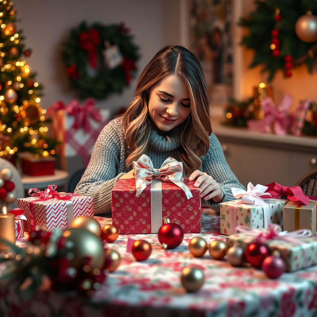 Imagine a cozy image of Chrissie wrapping a beautifully designed gift at a festive table surrounded by colorful wrapping paper, ribbons, and ornaments. The lighting should be soft and warm, creating an inviting atmosphere, with details like the sparkle of the ribbon and the pattern of the wrapping paper clearly visible. This photorealistic scene should be rendered in 4K resolution, highlighting Chrissie's expertise in making every gift special.