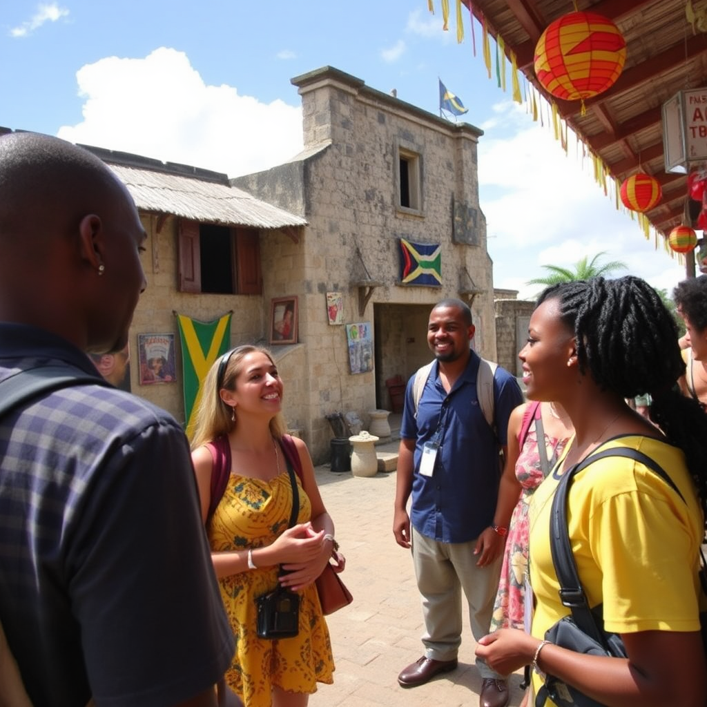 Imagine a cultural site in Jamaica, where tourists are exploring a historical landmark with President Clive explaining its significance. Capture the excitement of learning, with vibrant decorations and artifacts around. Use bright colors to reflect Jamaica's cultural heritage, and incorporate smiling faces of tourists absorbed in the experience, highlighting the educational aspect of the tours.