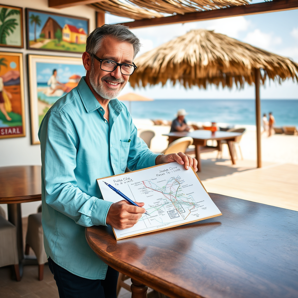Imagine a scene where President Clive is sketching a personalized tour itinerary for a family by a beachside café, surrounded by vibrant artwork and ocean views. The atmosphere should feel warm and engaging, highlighting the thoughtful preparation behind creating unique travel experiences.