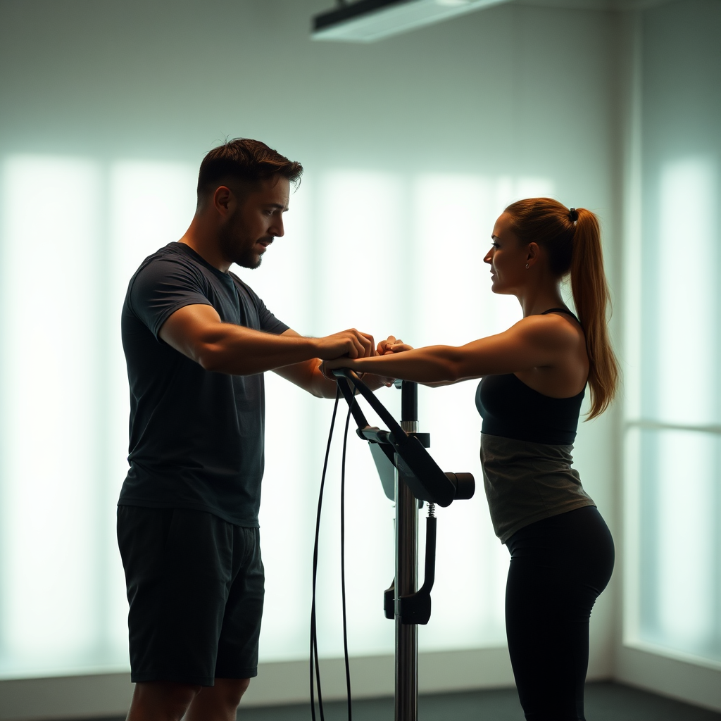 Imagine a serene space where personalized one-on-one training takes place. The scene should show Derek coaching a client on proper form, utilizing exercise equipment. Soft, ambient lighting enhances the calmness, with a color palette of soft greens and browns. A close-up of their focused interaction captures the essence of tailored training moments. The final image needs to be high-quality and intimate, reflecting the personalized experience.