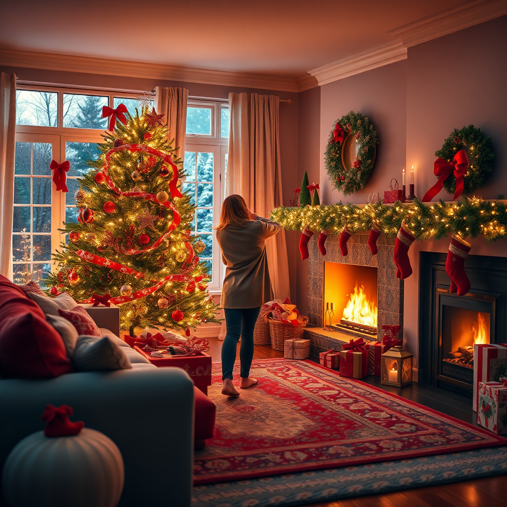 Imagine a vibrant scene portraying a beautifully decorated living room, showcasing Chrissie meticulously arranging holiday lights and décor. The image should be filled with a variety of festive colors, emphasizing warm reds and golds. Include details like Chrissie joyfully placing ornaments on the tree and a cozy fire glowing in the fireplace. This photorealistic image should have soft, warm lighting that creates a welcoming atmosphere, inviting viewers into the holiday spirit. Capture this moment in 4K resolution.