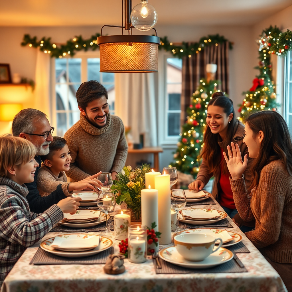 Imagine a warm, inviting family gathering where loved ones laugh and celebrate together, while Chrissie arranges holiday décor in the background. This heartwarming scene should capture the joy of the season, focused on creating memories. Include details like festive lighting, a beautifully set dining table with holiday dishes, and decorations that flow throughout the space. The image should be photorealistic and in 4K resolution, evoking the warmth and joy of family moments during the holidays.