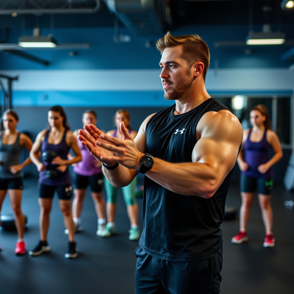 Create an inspiring image of a group training session led by Derek Jones. The scene should depict a diverse group engaged and sweating as they challenge themselves. Natural lighting streaming from side windows gives a warm feel, paired with a vibrant color palette of bright oranges and greens. A wide-angle shot captures the energy and camaraderie among participants. The final image must be of high quality, reflecting an unmistakable spirit of teamwork.