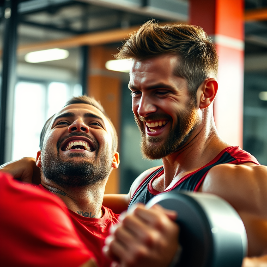 Picture a high-energy scene showing a client breaking through personal limits under the guidance of Derek Jones. Capture the moment of triumph and joy, focusing on facial expressions. Bright, dramatic lighting emphasizes the intensity of the workout, with a color scheme of red and gold symbolizing strength. A close-up shot to highlight the connection between trainer and client, while the gym's dynamic background adds depth. The image should be photorealistic, showcasing both effort and celebration.