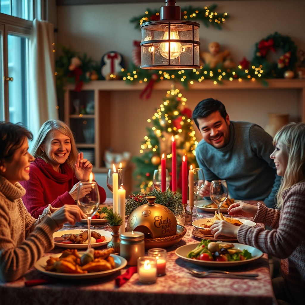 Picture a joyful family gathering around a festively decorated table set for a holiday feast. The image should encapsulate the warmth of human connection and celebration, with smiling faces and an ambiance rich in decorations. Use warm, soft lighting and vibrant colors to highlight the beautifully arranged meal and stunning décor. This scenes' photorealistic details should be captured in 4K resolution, showcasing every joyful moment of the holiday celebration.