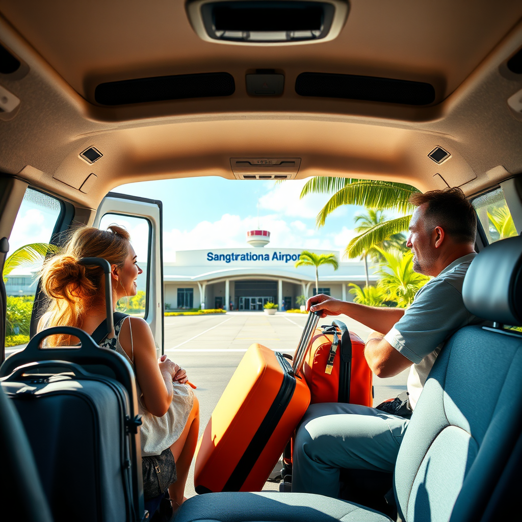 Produce a photorealistic image of a comfortable van at Sangster International Airport. The scene should capture excited travelers loading their luggage while a friendly driver assists them. The airport's welcoming architecture should be visible in the background, with vibrant tropical greenery framing the scene. The lighting should reflect a sunny day, creating a feeling of anticipation and excitement. The image must be in high resolution to illustrate comfort and reliability.