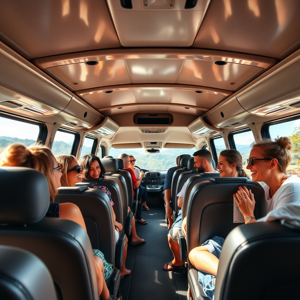 Showcase an interior view of a luxurious, spacious van filled with comfortable seating and large windows. Tourists should be relaxed and chatting excitedly, enjoying their journey to Negril's attractions. Use natural light streaming in to enhance the inviting atmosphere, making it feel welcoming and safe. The image should be photorealistic, highlighting the details of the vehicle's interior, and captured in high quality.