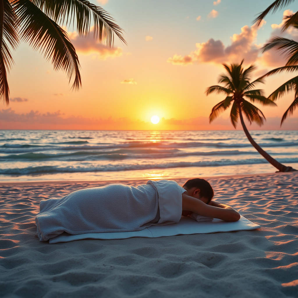 Visualize a breathtaking moment on the beach where a customer is receiving a massage while listening to the gentle ocean waves. The sun sets in the background, offering golden and pink tones across the sky. Frame the masseuse clearly, emphasizing their technique, while shadows of palm trees add depth to the setting. The softness of the towels and the beach texture should stand out in this inviting scene, inviting anyone to unwind. The image should be photorealistic, showcasing the vivid, calming environment.