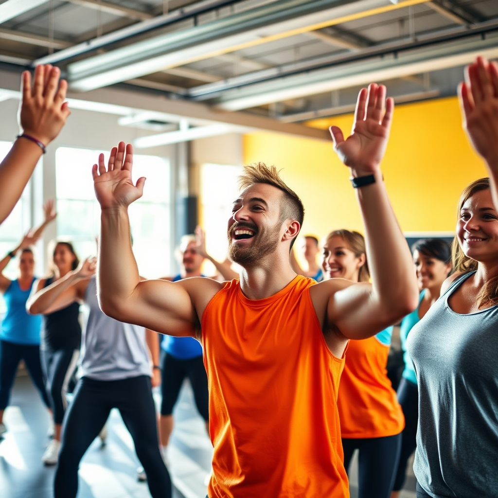 Visualize a bustling group training environment set indoors with cheerful participants engaged in a high-energy workout led by Derek. Bright, natural lighting fills the space, with vivid hues like yellows and oranges to express enthusiasm. A wide-angle view captures the unity and collective effort in achieving fitness goals. The image should be strikingly photorealistic and inspiring, showing camaraderie in the fitness community.