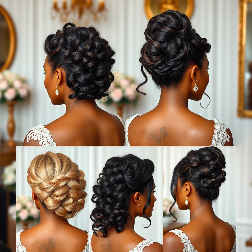Visualize a collage of different hairstyles created by Jennifer for various occasions. Include close-ups of beautifully styled African American hair showcasing curls, braids, and updos. Each hairstyle should be featured against a stylish backdrop, capturing momentous occasions like weddings, parties, and everyday elegance. The image should be bright and colorful, attained in hyperrealistic 8K quality.