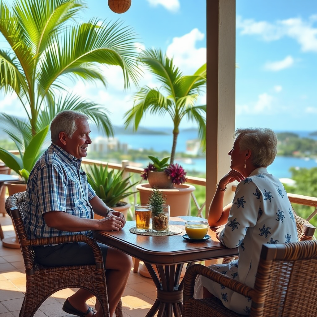 Visualize a cozy gathering where President Clive is discussing tour options with a couple in a scenic outdoor café. The atmosphere should feel intimate and personal, with a beautiful view of Negril in the background. Show tropical plants and decorative features that evoke a sense of place, creating a connection between the visitors and the local culture.