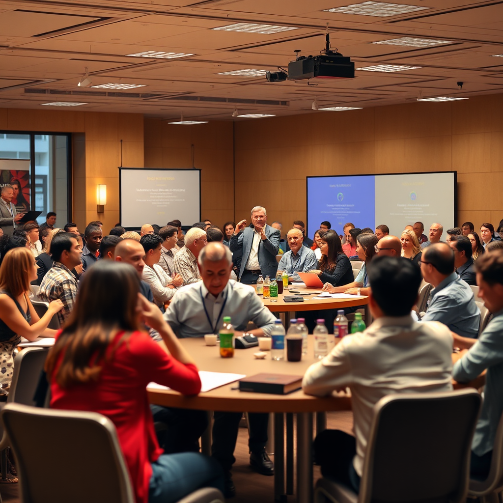 Visualize a dynamic workshop setting filled with participants actively engaged in learning. The image should showcase a diverse group of attendees at tables, interacting with Anthony as he presents. Use energizing colors and bright lighting to convey enthusiasm and engagement, captured in high-quality 4K resolution.