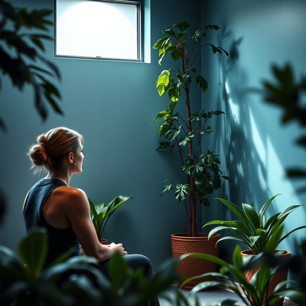 Visualize a peaceful and focused moment where Derek is discussing fitness goals with a client in a tranquil gym corner with plants around. Use soft, diffused lighting to create a calming effect. The color palette should consist of soothing blues and greens, inviting relaxation and motivation. A medium shot can capture the attentive interaction between the trainer and client, emphasizing personal connection. The image must be photorealistic and high-resolution, highlighting the bespoke approach to training.