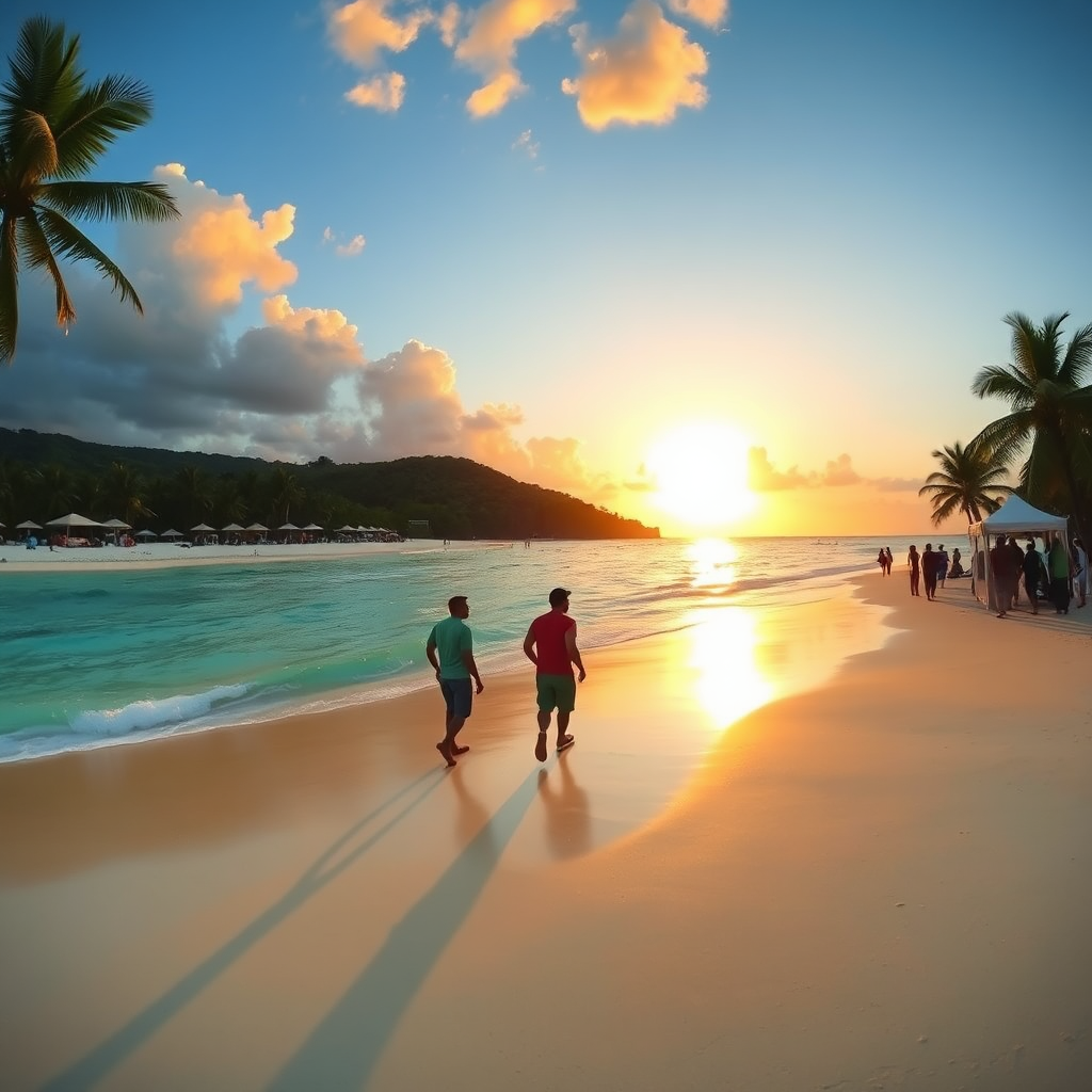 Visualize a stunning panorama of the Seven Mile Beach in Negril, with turquoise waters gently lapping the shore. Picture President Clive leading a small group of tourists along the beach during golden hour, as the sun sets in the background, casting a magical orange glow. Include beach umbrellas, palm trees swaying, and tourists taking photos, creating a sense of adventure and tranquillity in this idyllic setting.