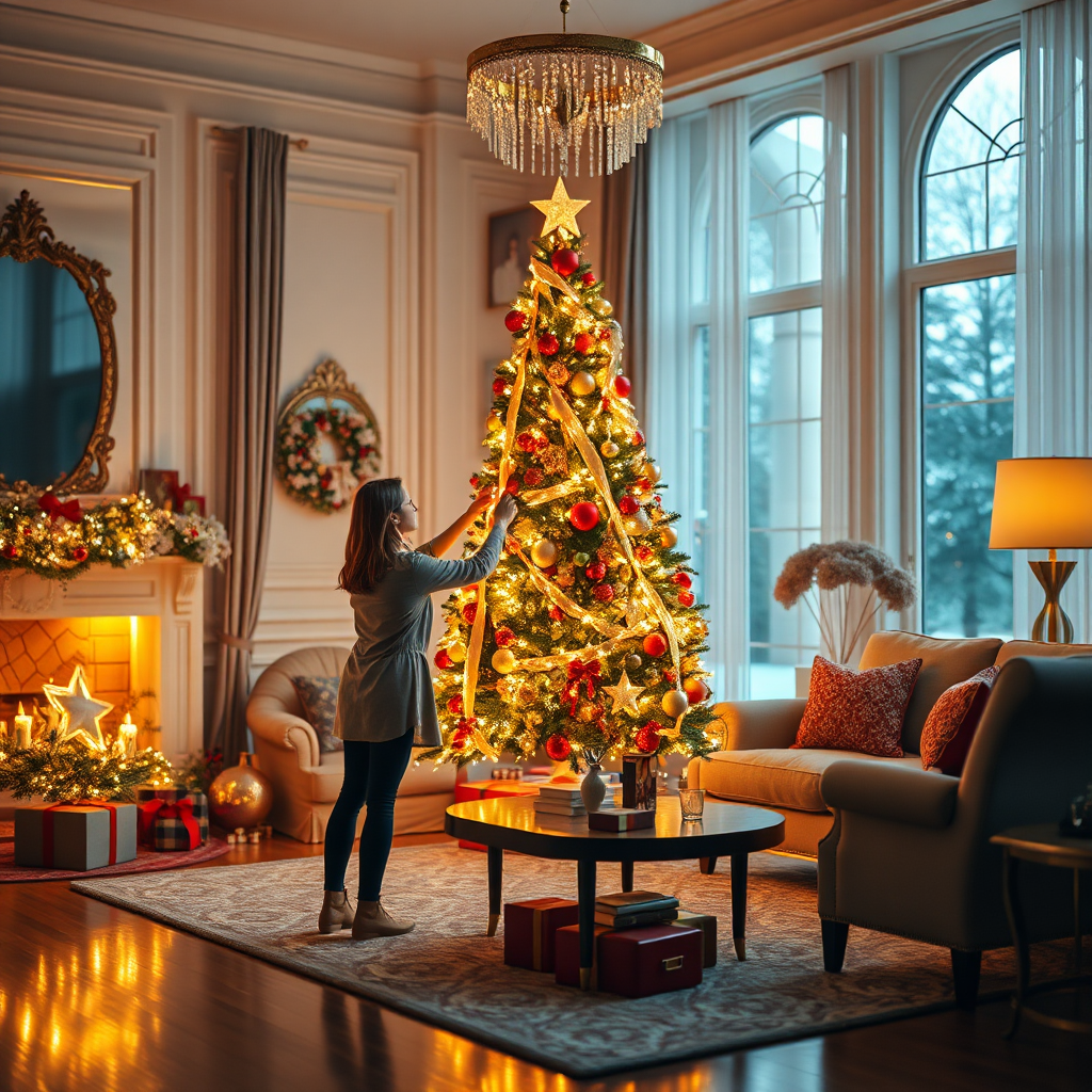 Visualize a stunning scene that showcases Chrissie arranging a breathtaking Christmas tree in an elegantly decorated living room. The room should glow with beautifully arranged lights and ornaments, reflecting the holiday spirit. Ensure the colors are warm, vibrant, and festive, emphasizing contrasts between the decorations and background. Capture this photorealistic moment in high quality, ensuring every detail is magnificent in 4K resolution.