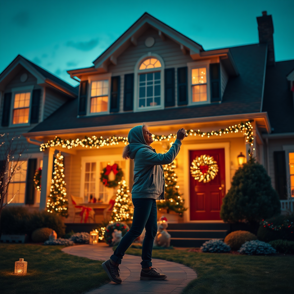 Visualize a vibrant image featuring Chrissie energetically setting up Christmas lights on a beautiful home exterior. The twilight setting should reflect festive colors with warm tones from the lights and soft shadows. Incorporate elements such as decorations in the yard and wreaths on the doors to encapsulate the essence of holiday cheer. Capture every detail in photorealistic 4K resolution, ensuring the scene feels alive with holiday spirit.
