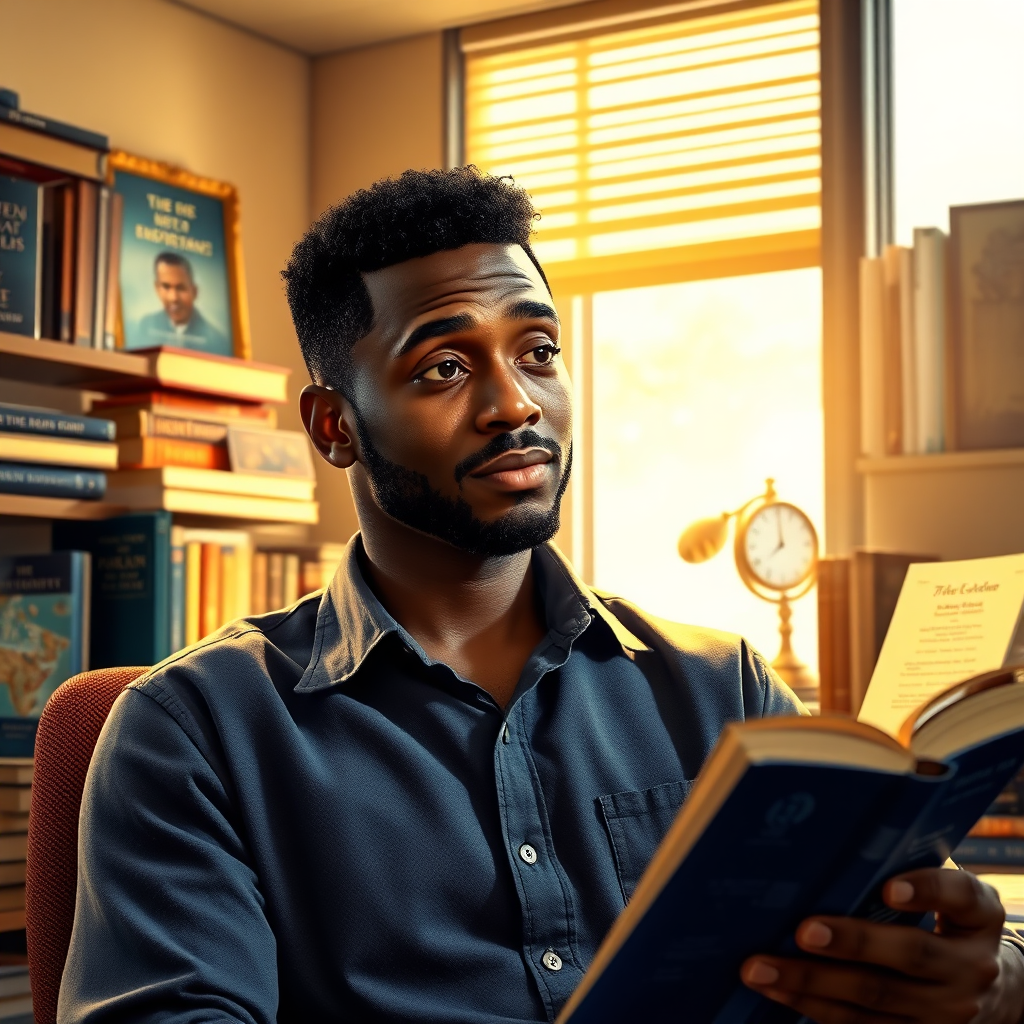 Visualize Anthony Green reflecting on his past in a bright office filled with inspirational books and awards. The lighting should be warm, symbolizing hope and inspiration, with soft shadows adding depth. The color palette should consist of earth tones mixed with vibrant blues to convey confidence. Capture the essence of his journey in 8K resolution, highlighting the textures of the books and awards.