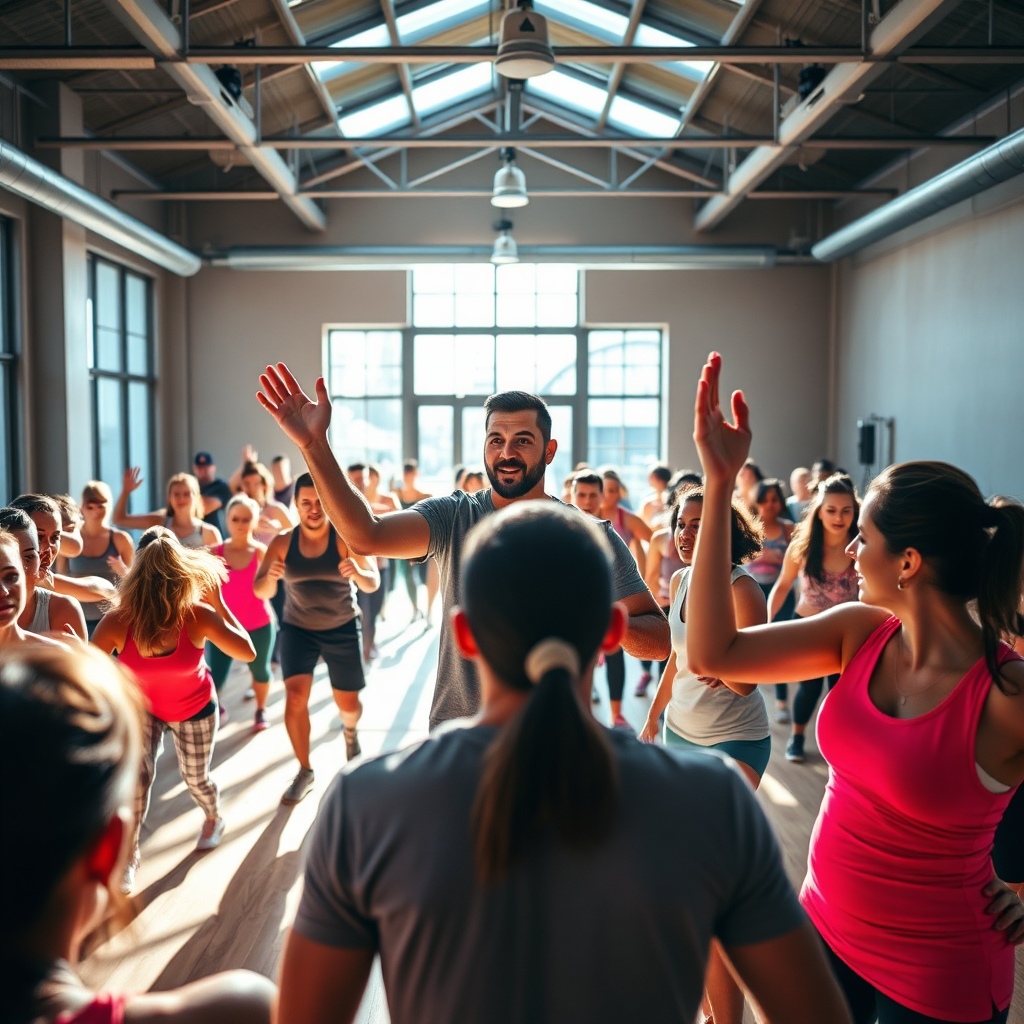 Visualize Derek leading an energetic class filled with diverse participants, all focused on their workouts in a bright, spacious environment. Natural lighting streaming through large windows enhances the motivational ambiance. Vibrant colors like reds and pinks add to the dynamic feel. A wide-angle shot captures the collective determination and energy, illustrating a sense of movement and fun. The final image should be of exceptional quality, highlighting an engaging atmosphere.