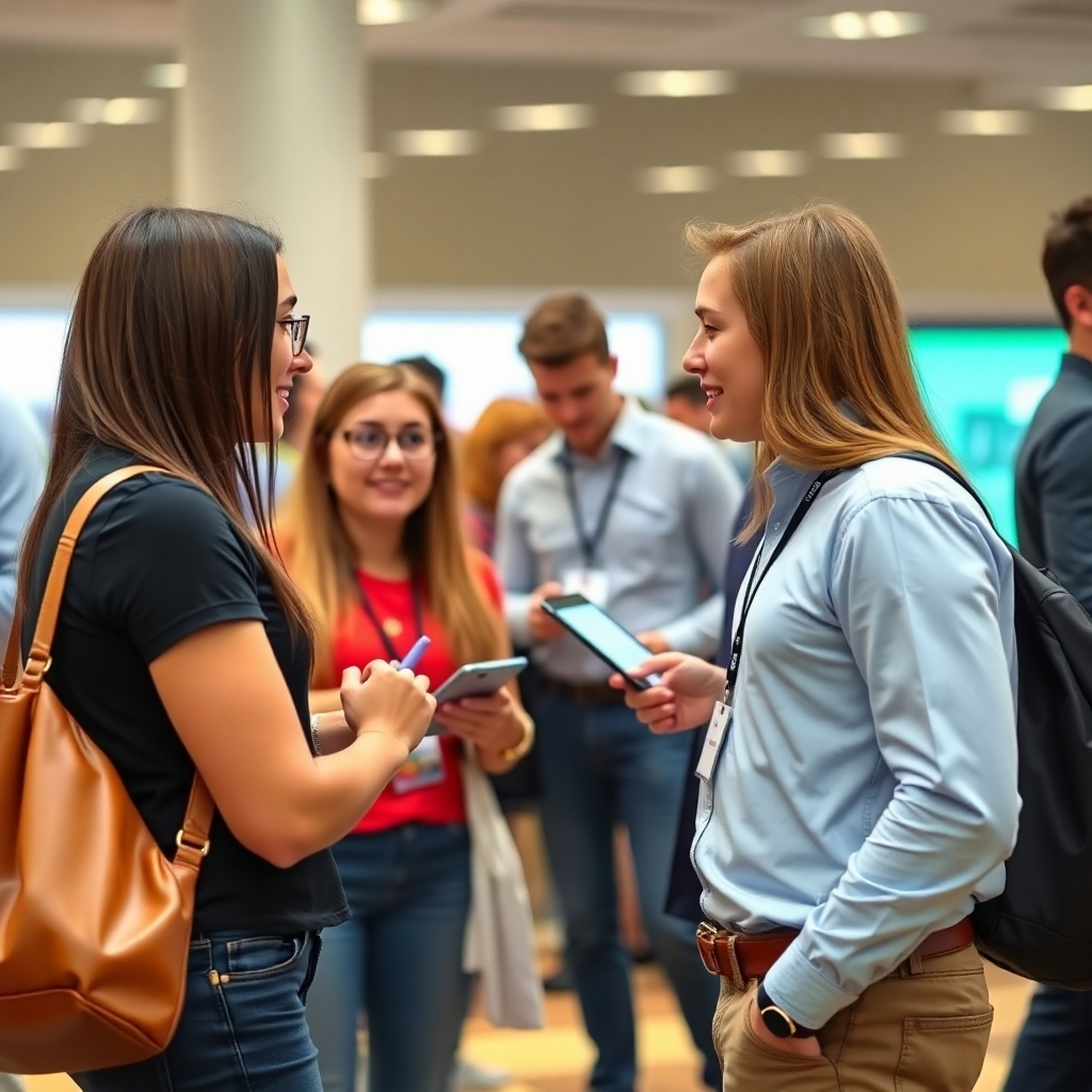 A photorealistic image depicting a networking event between students and tech professionals, showing interaction and potential opportunities for students.