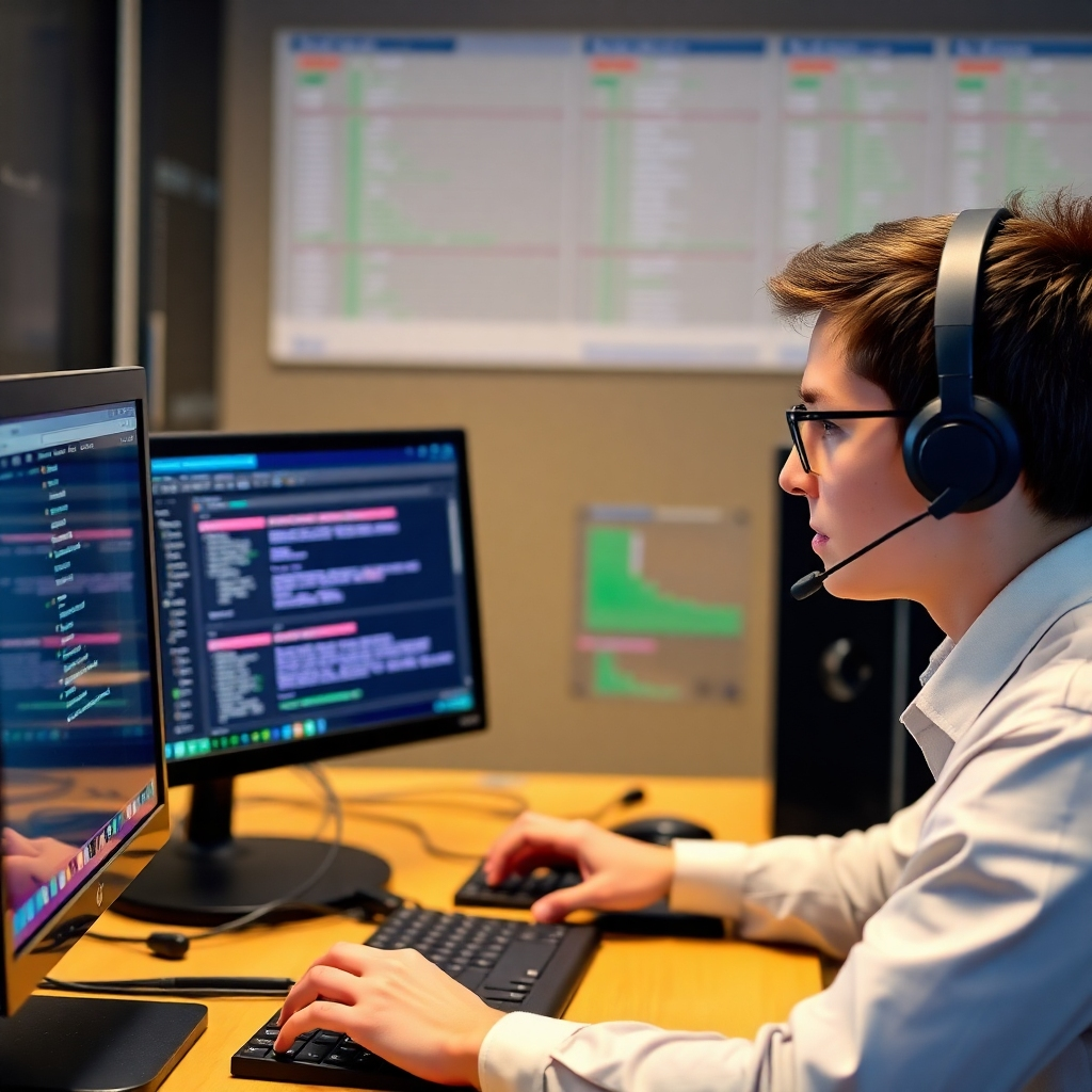 A photorealistic image of a student performing IT support tasks, possibly using network monitoring tools or diagnosing a computer issue.