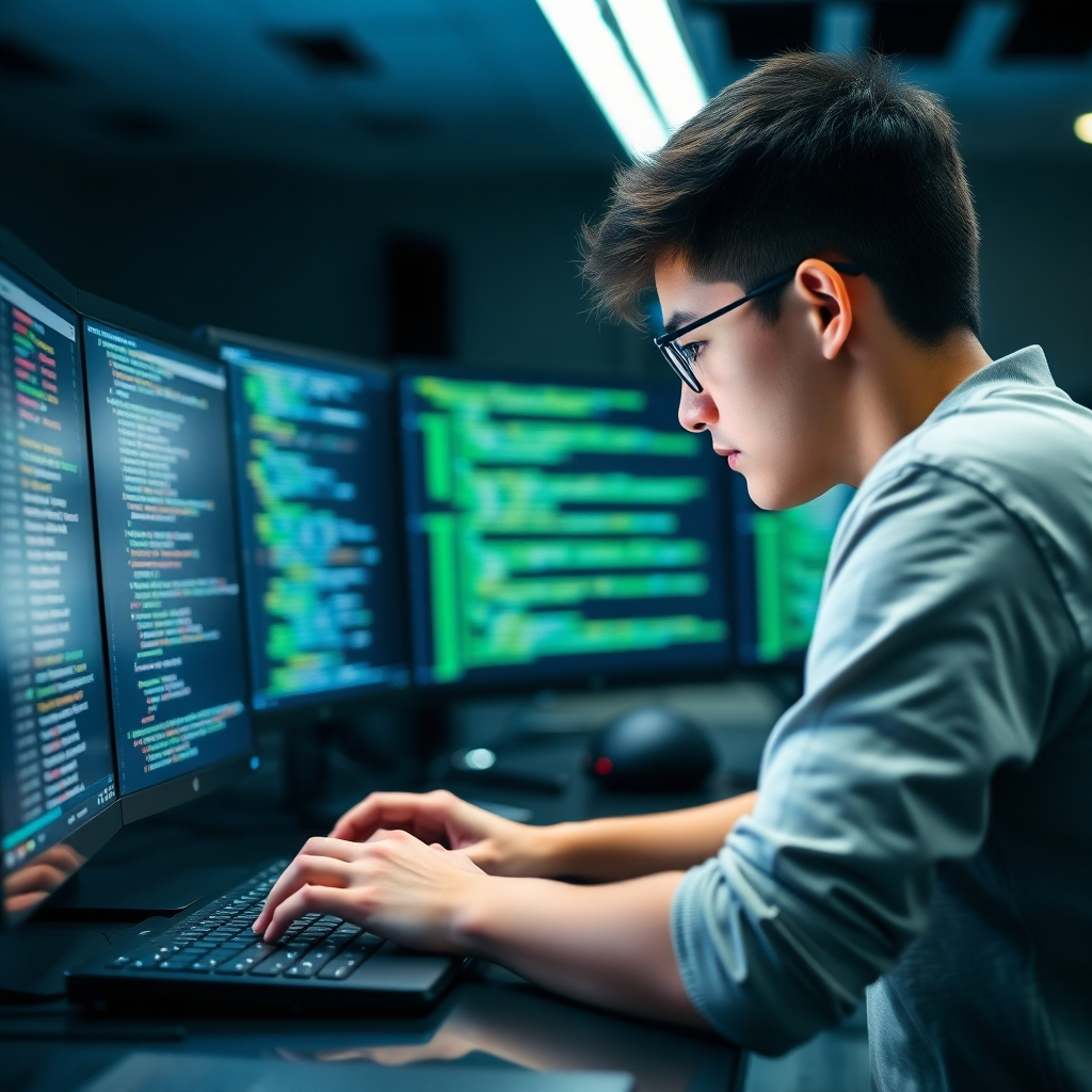 A photorealistic image showcasing a student actively programming, with code visible on a screen, highlighting focus and practical application.