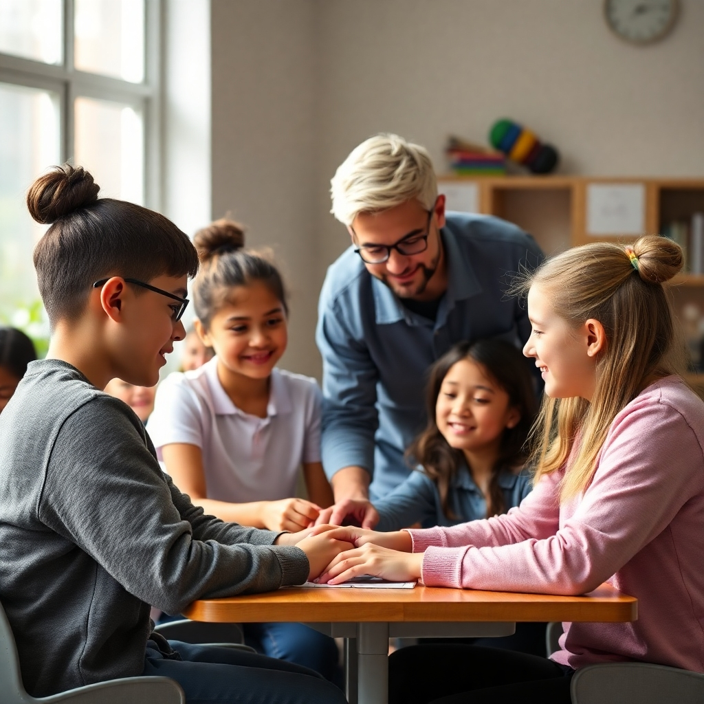 A photorealistic image showcasing supportive interactions between students and teachers in a collaborative setting. Highlight student engagement and teacher assistance, emphasizing the supportive environment.