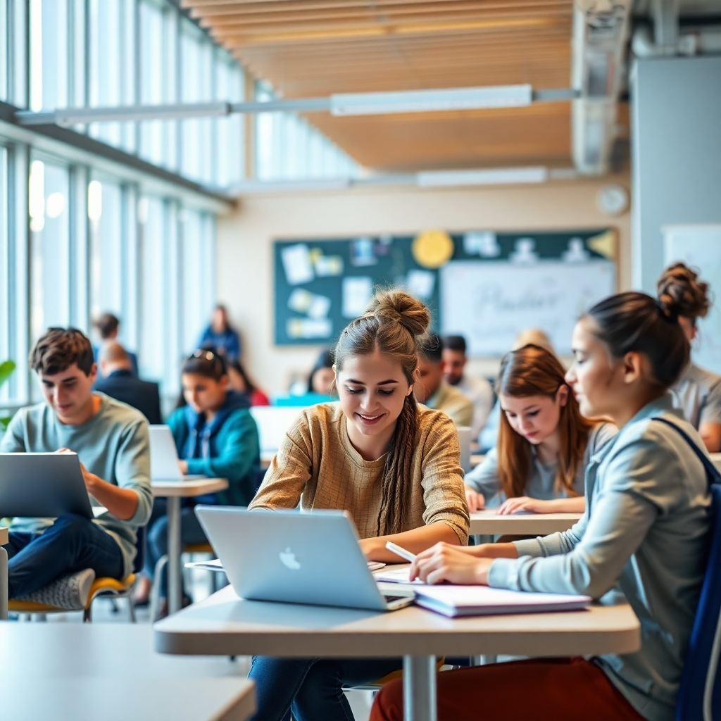 A photorealistic image showing diverse students using various learning methods within the learning space, emphasizing the flexibility and diversity of available options.