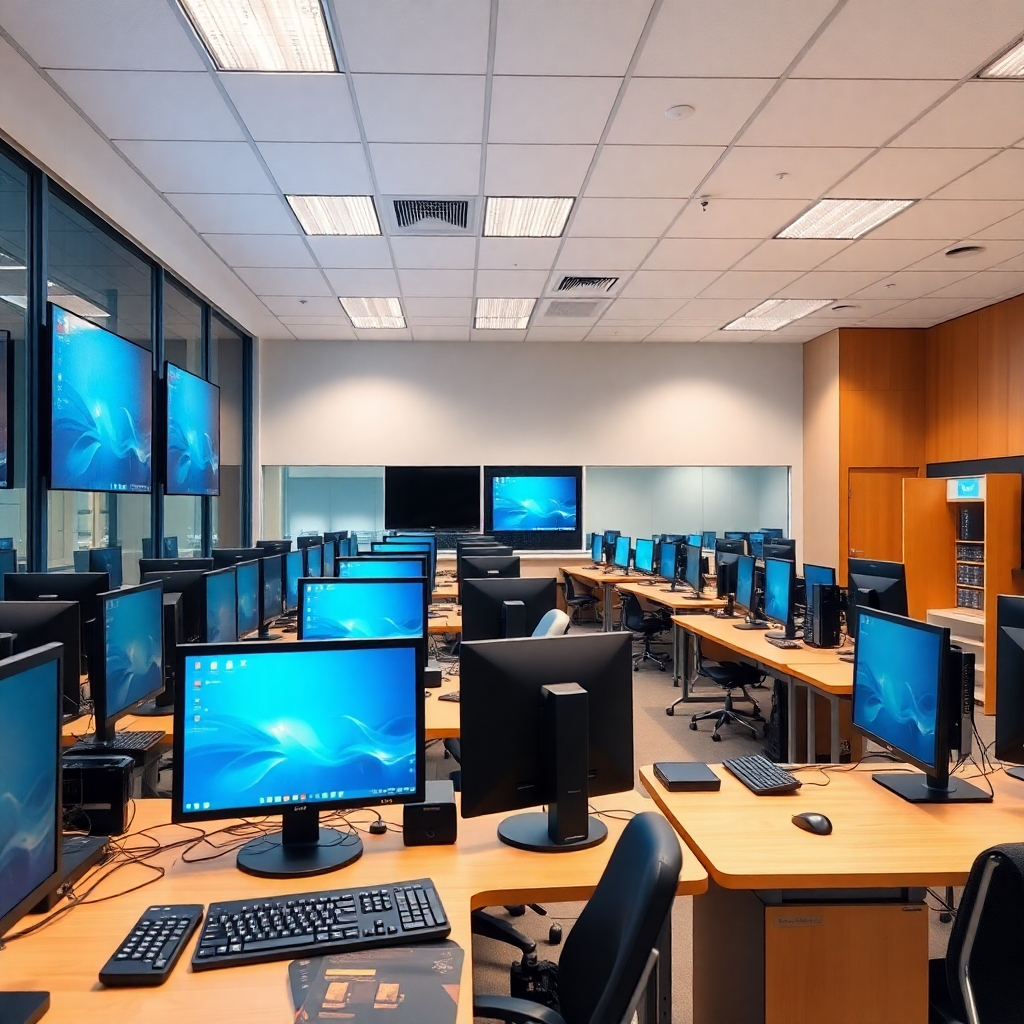 A photorealistic, wide shot showing the modern computer lab equipped with state-of-the-art computers and other learning technologies. Focus on the overall atmosphere and the details of the equipment.