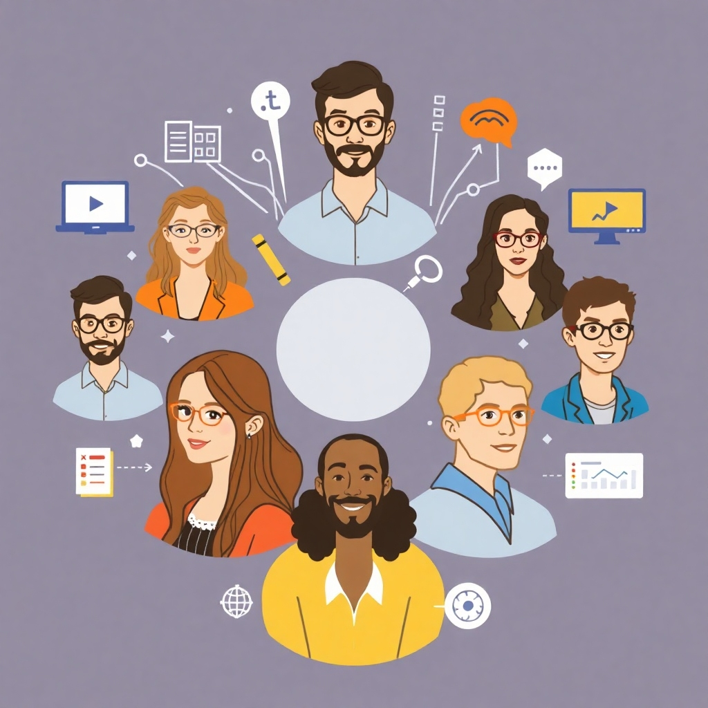A stylized illustration featuring portraits of diverse instructors surrounded by relevant technological elements, showcasing their expertise and experience.