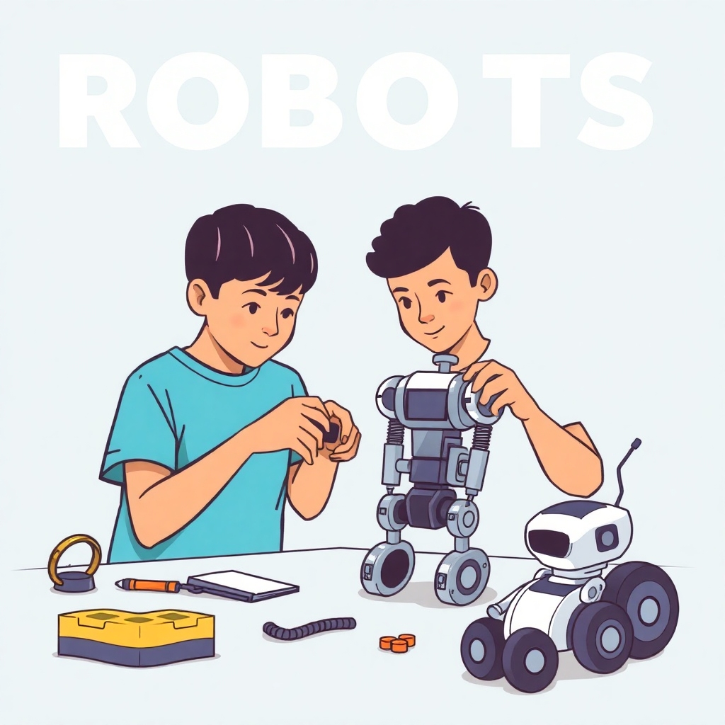 A stylized image depicting a student designing and building a robot, illustrating the creativity and technical skills involved in robotics.