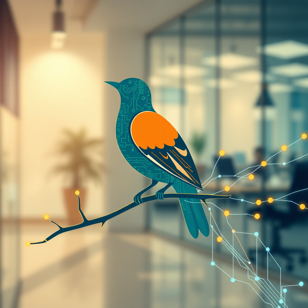 Create a 4K resolution image representing the core values of eBird: innovation, technology, and partnership. The image should feature a stylized bird, subtly incorporating elements of circuit boards and digital networks into its design. The bird is perched on a branch that transforms into a data stream, symbolizing the flow of information and insights. In the background, there's a blurred image of a modern office environment, suggesting collaboration and business solutions. The color palette should be a blend of calming blues, greens, and vibrant oranges to represent trust, growth, and energy. The camera angle is a medium shot, focusing on the bird and its connection to the data stream. The overall style is modern and professional, with a touch of abstract art to represent creativity and innovation. Emphasize clean lines and smooth textures. This image should reflect trust, reliability, and a forward-thinking approach.