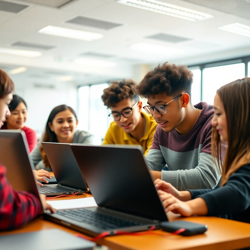 Create a photorealistic 4K image depicting a diverse group of students collaborating on a computer programming project. The scene should be set in a modern, well-lit classroom at Shilpa Academy. The lighting should be warm and inviting, and the color palette should be vibrant and energetic, emphasizing teamwork and innovation. The camera angle should be slightly low, creating a dynamic perspective. Texture details should include the smooth surfaces of laptops, keyboards, and desks. Relevant props should be laptops, coding textbooks, and other technology-related items. The overall style should be similar to high-quality educational institution promotional photography.  The image should convey a sense of collaboration, innovation, and learning.