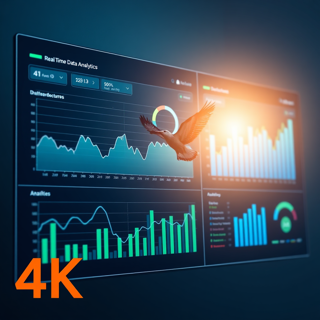Create a photorealistic image of a digital dashboard displaying real-time data analytics. The dashboard is visually appealing, with charts and graphs that are easy to understand. Overlay a subtle image of a bird flying upwards, symbolizing growth and progress. The color palette should be professional and modern, with blues, greens, and greys. The lighting should be bright and clean, emphasizing the clarity of the data. Ensure the image conveys a sense of accurate information and innovation. 4k resolution.