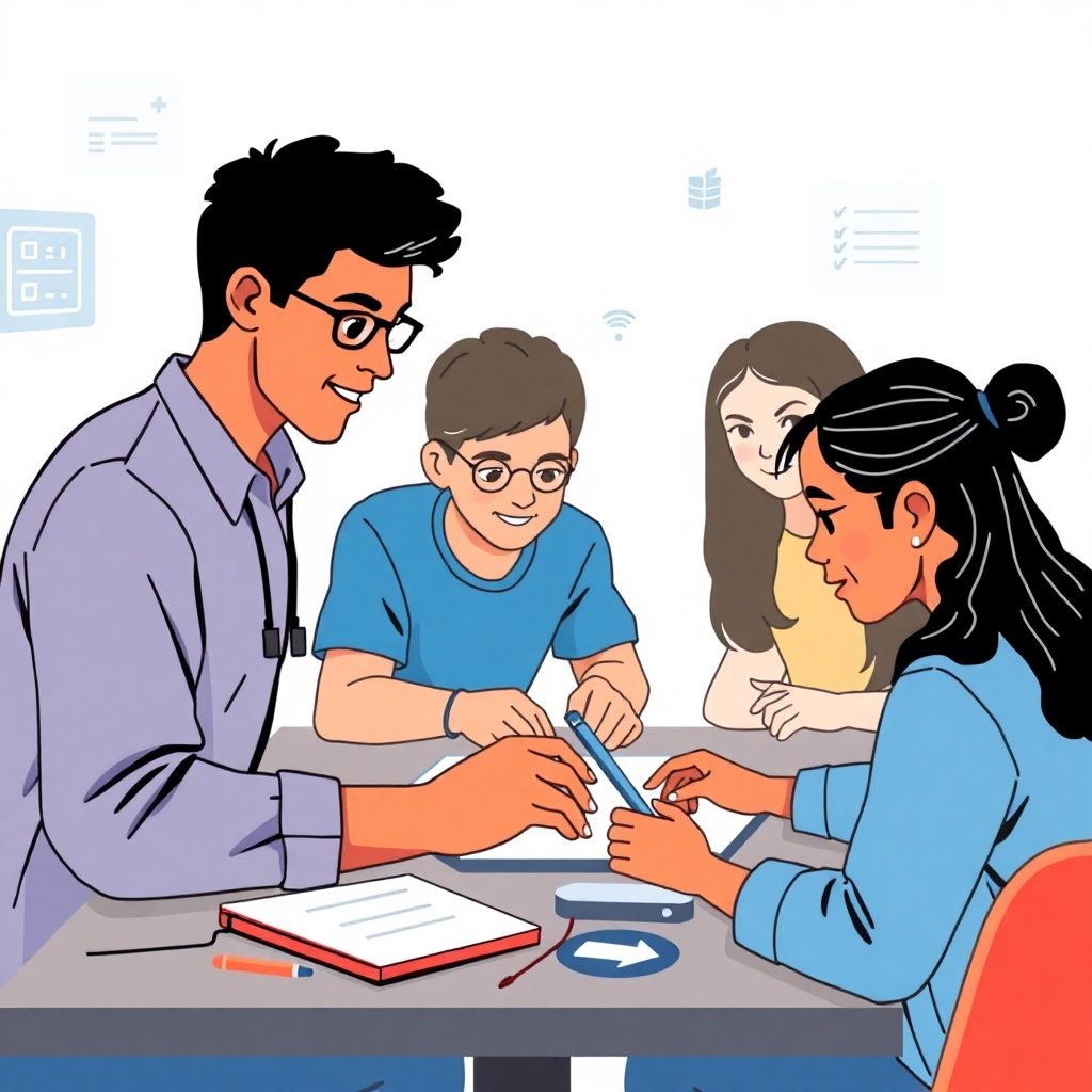 Create a stylized image showing students collaborating on a complex project, utilizing various technologies and software. Illustrate engagement and teamwork through diverse student interactions and diverse technological elements.