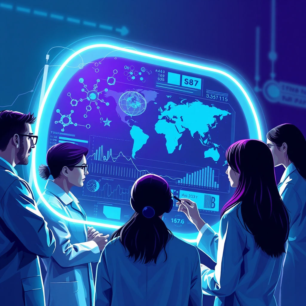 Create a stylized image showing researchers collaborating around a holographic projection of a complex data set. The projection includes molecular structures, charts, and geographic data points. The color palette should be futuristic and sophisticated, using deep blues, purples, and greens. The researchers are diverse and engaged, representing a collaborative and innovative research environment. The overall style is modern and high-tech, emphasizing the power of technology in research. 4k resolution.
