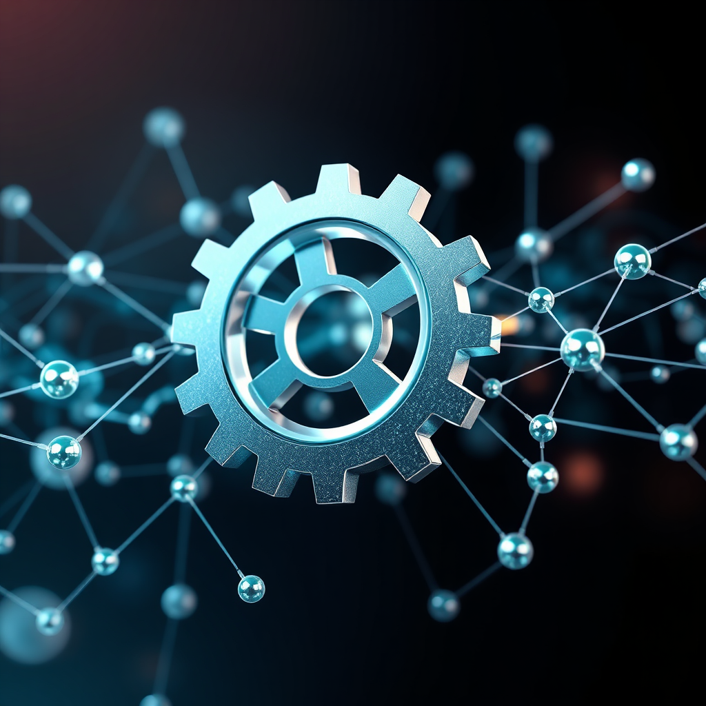 Create a visually compelling image depicting a gear mechanism seamlessly connecting with a network of interconnected nodes. The gear represents technology integration, while the nodes represent different aspects of a business. The image should convey a sense of efficiency, connectivity, and strategic alignment. Use a color palette of silvers, blues, and greens to represent technology and innovation. Add subtle lighting effects to highlight the flow of data and energy. 4k resolution.